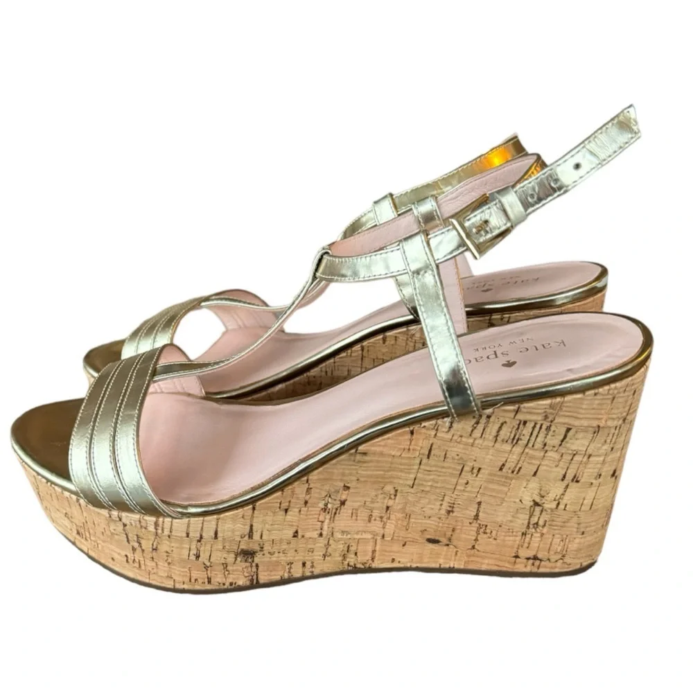 Kate Spade New York Tallinn Metallic Gold Cork Womens Buckle Strap Wedges Sz 10